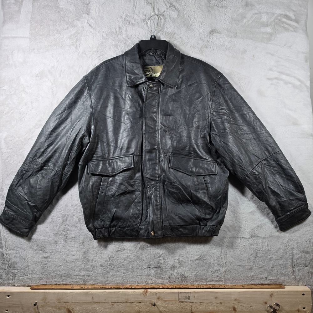 Boston Outfitters Leather Bomber Jacket Mens Large Black Vintage Flight Rn 72803